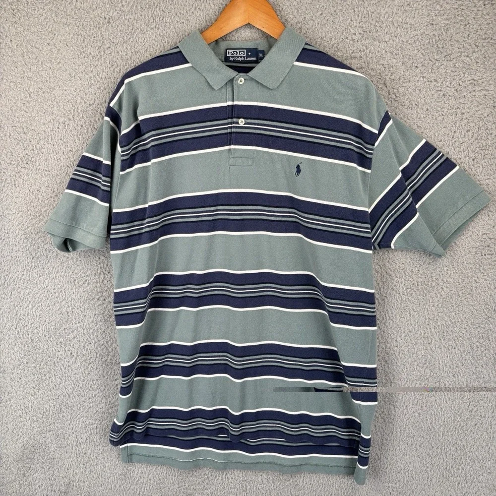 Polo Ralph‎ Lauren Classic Striped Polo Shirt Mens XL Blue Green Pony Y2K